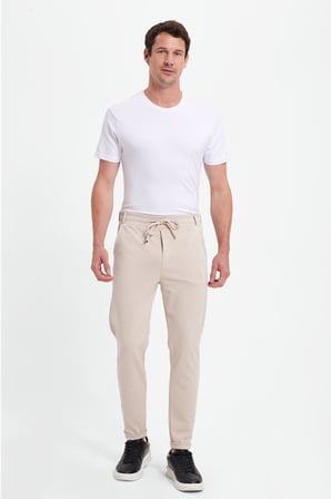 Erkek Slim Fit Pamuklu Beli Bağlamalı Yan Cepli Katlamalı Paça Jogger Bej Pantolon