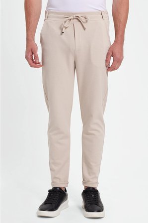 Erkek Slim Fit Pamuklu Beli Bağlamalı Yan Cepli Katlamalı Paça Jogger Bej Pantolon