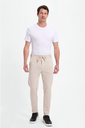 Erkek Slim Fit Pamuklu Beli Bağlamalı Yan Cepli Katlamalı Paça Jogger Bej Pantolon