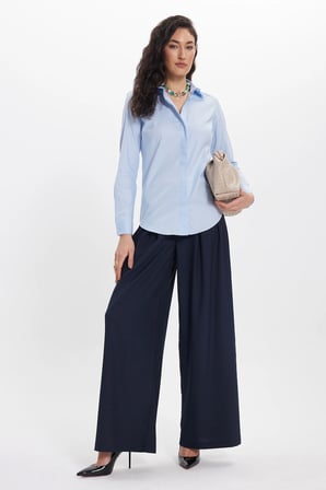 Kadın Slim Fit Dar Kesim %100 Pamuk Spor Yaka Gizli Pat Uzun Kollu Düz Oxford Leke Tutmaz Mavi Gömlek