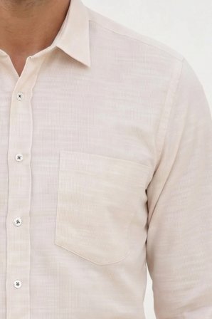 Erkek Regular Fit Klasik Kesim Oversize %100 Pamuk Keten Doku Bej Gömlek
