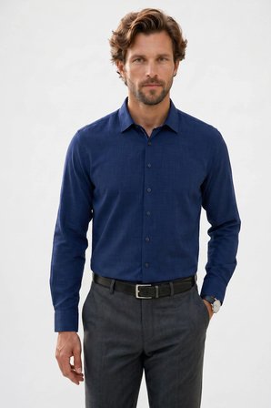 Erkek Relax Fit Rahat Kesim Uzun Kollu Kendinden Desenli Viskon Kumaş Biyeli Lacivert Gömlek