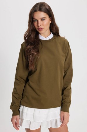 Kadın Oversize Geniş Kesim %100 Pamuk 2 İplik Bisiklet Yaka Haki Sweatshirt 