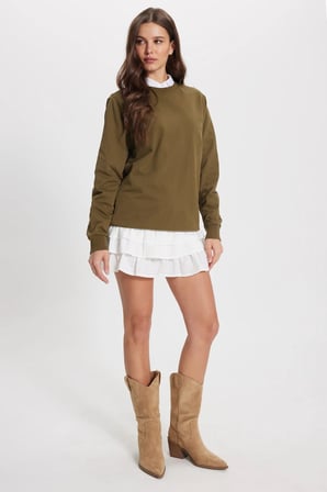 Kadın Oversize Geniş Kesim %100 Pamuk 2 İplik Bisiklet Yaka Haki Sweatshirt 