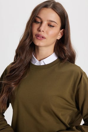 Kadın Oversize Geniş Kesim %100 Pamuk 2 İplik Bisiklet Yaka Haki Sweatshirt 