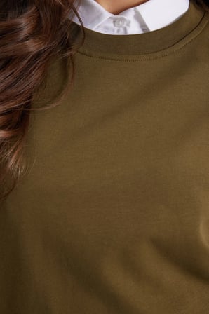 Kadın Oversize Geniş Kesim %100 Pamuk 2 İplik Bisiklet Yaka Haki Sweatshirt 