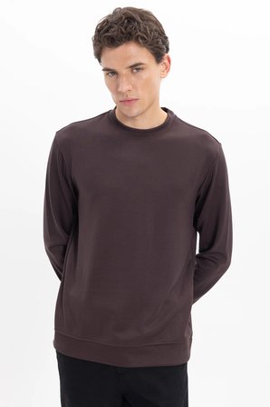 Erkek Standart Fit Normal Kesim Uzun Kollu Ekstra Soft Modal Kumaş Bisiklet Yaka Kahverengi Sweatshirt