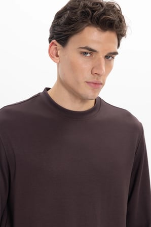 Erkek Standart Fit Normal Kesim Uzun Kollu Ekstra Soft Modal Kumaş Bisiklet Yaka Kahverengi Sweatshirt