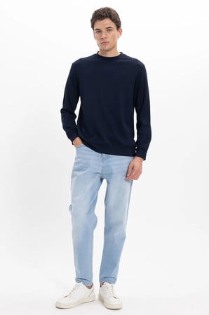 Erkek Standart Fit Normal Kesim Uzun Kollu Ekstra Soft Modal Kumaş Bisiklet Yaka Lacivert Sweatshirt