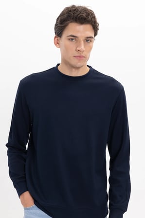 Erkek Standart Fit Normal Kesim Uzun Kollu Ekstra Soft Modal Kumaş Bisiklet Yaka Lacivert Sweatshirt