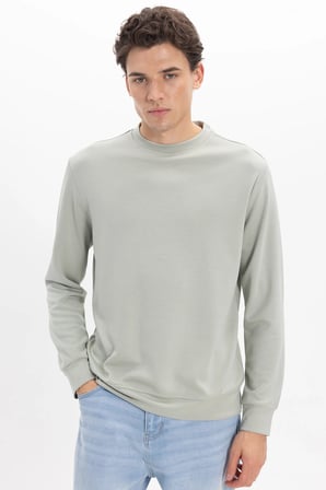 Erkek Standart Fit Normal Kesim Uzun Kollu Ekstra Soft Modal Kumaş Bisiklet Yaka Yeşil Sweatshirt