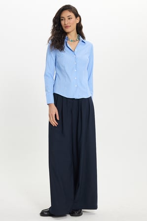 Kadın Slim Fit Dar Kesim Uzun Kollu Çizgili Mavi Gömlek
