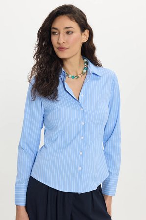 Kadın Slim Fit Dar Kesim Uzun Kollu Çizgili Mavi Gömlek