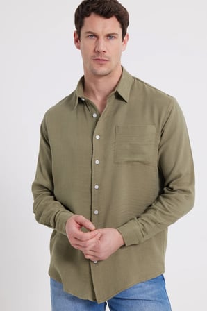 Erkek Relax Fit Rahat Kesim Oversize Müslin Viskon Pamuklu Tek Cepli Düz Haki Gömlek