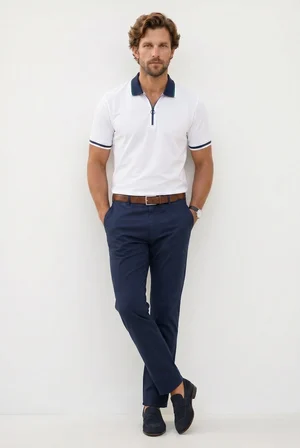 Erkek Slim Fit Dar Kesim %100 Pamuk Kısa Kollu Yarım Fermuarlı Beyaz Polo Yaka Tişört