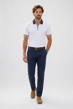 Erkek Slim Fit Dar Kesim %100 Pamuk Kısa Kollu Yarım Fermuarlı Beyaz Polo Yaka Tişört