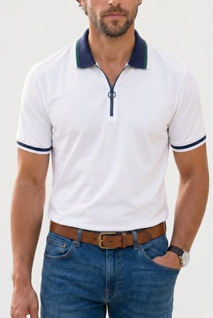 Erkek Slim Fit Dar Kesim %100 Pamuk Kısa Kollu Yarım Fermuarlı Beyaz Polo Yaka Tişört