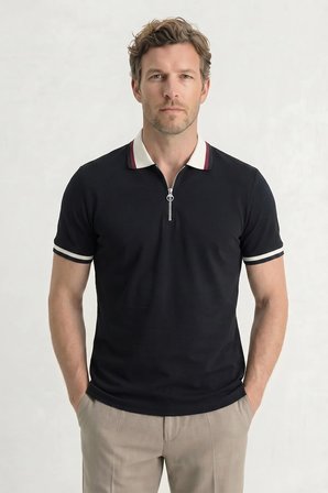 Erkek Slim Fit Dar Kesim %100 Pamuk Kısa Kollu Yarım Fermuarlı Siyah Polo Yaka Tişört