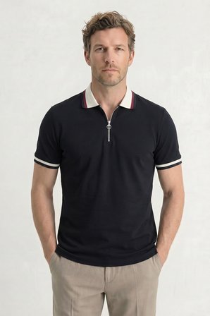 Erkek Slim Fit Dar Kesim %100 Pamuk Kısa Kollu Yarım Fermuarlı Siyah Polo Yaka Tişört