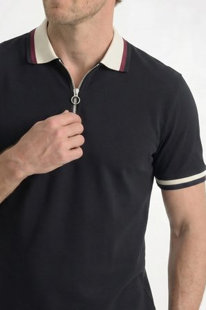 Erkek Slim Fit Dar Kesim %100 Pamuk Kısa Kollu Yarım Fermuarlı Siyah Polo Yaka Tişört