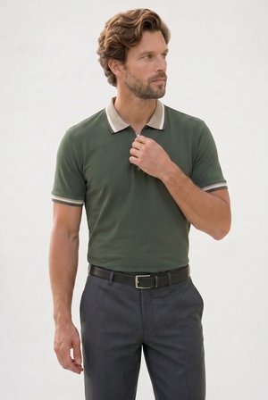 Erkek Slim Fit Dar Kesim %100 Pamuk Kısa Kollu Yarım Fermuarlı Yeşil Polo Yaka Tişört