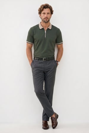Erkek Slim Fit Dar Kesim %100 Pamuk Kısa Kollu Yarım Fermuarlı Yeşil Polo Yaka Tişört