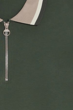 Erkek Slim Fit Dar Kesim %100 Pamuk Kısa Kollu Yarım Fermuarlı Yeşil Polo Yaka Tişört