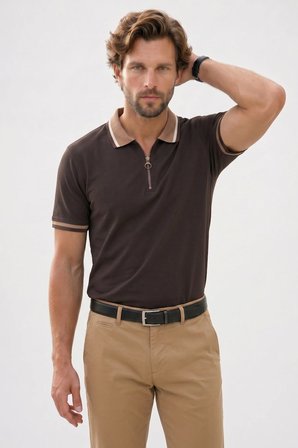 Erkek Slim Fit Dar Kesim %100 Pamuk Kısa Kollu Yarım Fermuarlı Kahverengi Polo Yaka Tişört