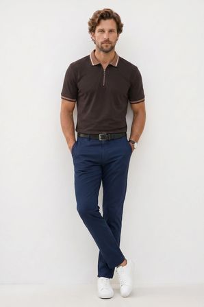 Erkek Slim Fit Dar Kesim %100 Pamuk Kısa Kollu Yarım Fermuarlı Kahverengi Polo Yaka Tişört