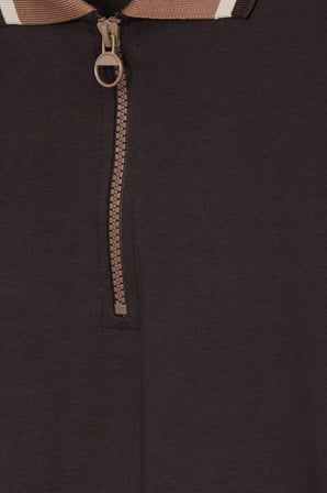Erkek Slim Fit Dar Kesim %100 Pamuk Kısa Kollu Yarım Fermuarlı Kahverengi Polo Yaka Tişört