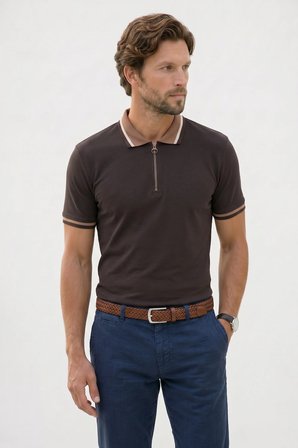Erkek Slim Fit Dar Kesim %100 Pamuk Kısa Kollu Yarım Fermuarlı Kahverengi Polo Yaka Tişört