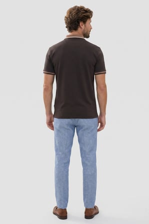 Erkek Slim Fit Dar Kesim %100 Pamuk Kısa Kollu Yarım Fermuarlı Kahverengi Polo Yaka Tişört