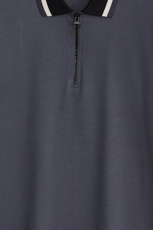 Erkek Slim Fit Dar Kesim %100 Pamuk Kısa Kollu Yarım Fermuarlı Antrasit Polo Yaka Tişört