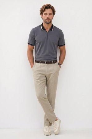 Erkek Slim Fit Dar Kesim %100 Pamuk Kısa Kollu Yarım Fermuarlı Antrasit Polo Yaka Tişört