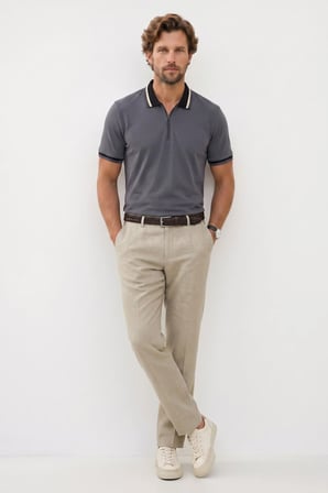 Erkek Slim Fit Dar Kesim %100 Pamuk Kısa Kollu Yarım Fermuarlı Antrasit Polo Yaka Tişört