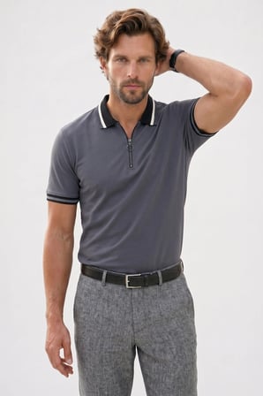Erkek Slim Fit Dar Kesim %100 Pamuk Kısa Kollu Yarım Fermuarlı Antrasit Polo Yaka Tişört