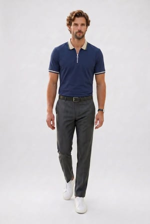 Erkek Slim Fit Dar Kesim %100 Pamuk Kısa Kollu Yarım Fermuarlı Lacivert Polo Yaka Tişört