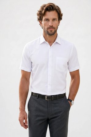Erkek Regular Fit Klasik Kesim Pamuklu Kısa Kollu Armürlü Beyaz Gömlek