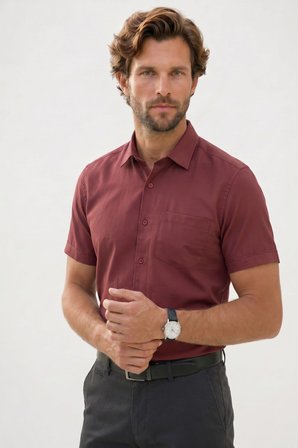 Erkek Regular Fit Klasik Kesim Pamuklu Kısa Kollu Armürlü Kahverengi Gömlek