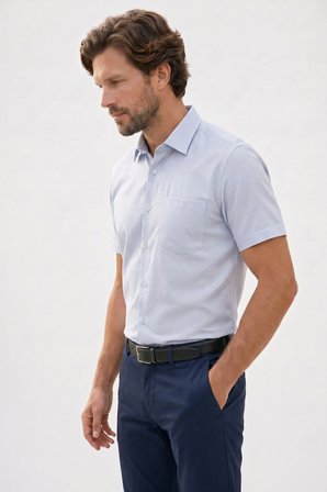 Erkek Regular Fit Klasik Kesim Pamuklu Kısa Kollu Armürlü Mavi Gömlek