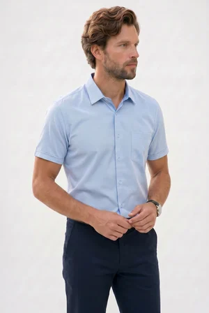 Erkek Regular Fit Klasik Kesim Pamuklu Kısa Kollu Armürlü Mavi Gömlek
