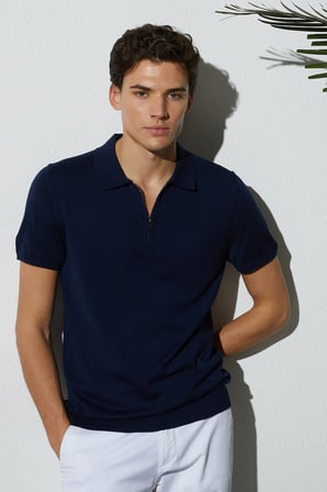 Erkek Slim Fit Dar Kesim Pamuklu Örme Triko Fermuarlı Lacivert Polo Yaka Tişört