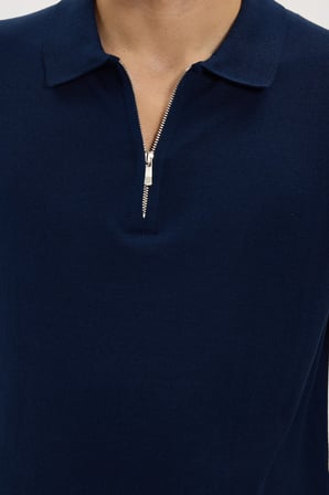 Erkek Slim Fit Dar Kesim Pamuklu Örme Triko Fermuarlı Lacivert Polo Yaka Tişört