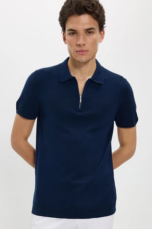 Erkek Slim Fit Dar Kesim Pamuklu Örme Triko Fermuarlı Lacivert Polo Yaka Tişört