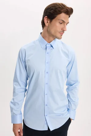 Erkek Modern Slim Fit Uzun Kollu %100 Pamuk Premium Seri Saten Mavi Gömlek