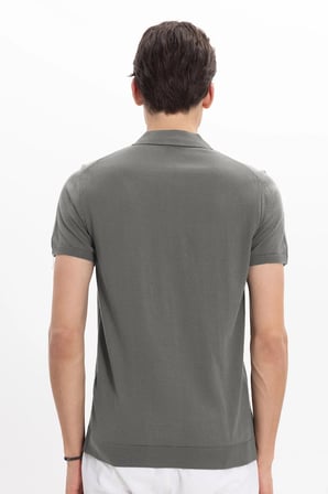Erkek Slim Fit Dar Kesim Pamuklu Örme Triko Gri Polo Yaka Tişört