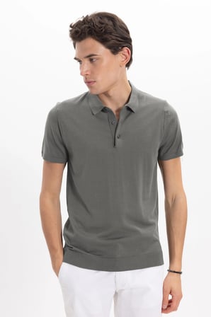 Erkek Slim Fit Dar Kesim Pamuklu Örme Triko Gri Polo Yaka Tişört