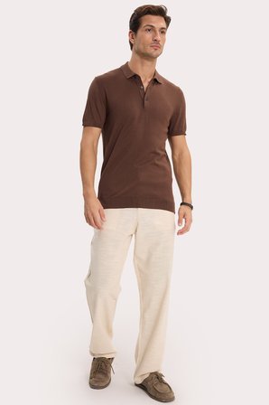 Erkek Slim Fit Dar Kesim Pamuklu Örme Triko Kahverengi Polo Yaka Tişört