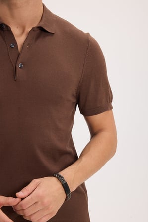 Erkek Slim Fit Dar Kesim Pamuklu Örme Triko Kahverengi Polo Yaka Tişört