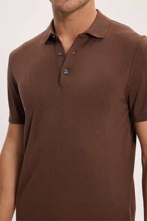 Erkek Slim Fit Dar Kesim Pamuklu Örme Triko Kahverengi Polo Yaka Tişört
